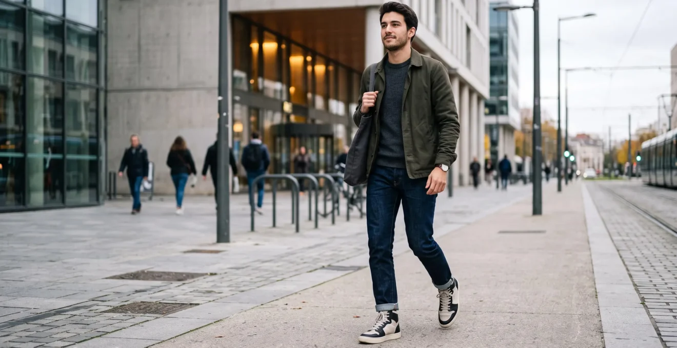 Homme marchant dans une rue urbaine française portant des baskets montantes avec un jean