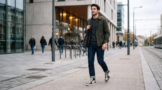Homme marchant dans une rue urbaine française portant des baskets montantes avec un jean