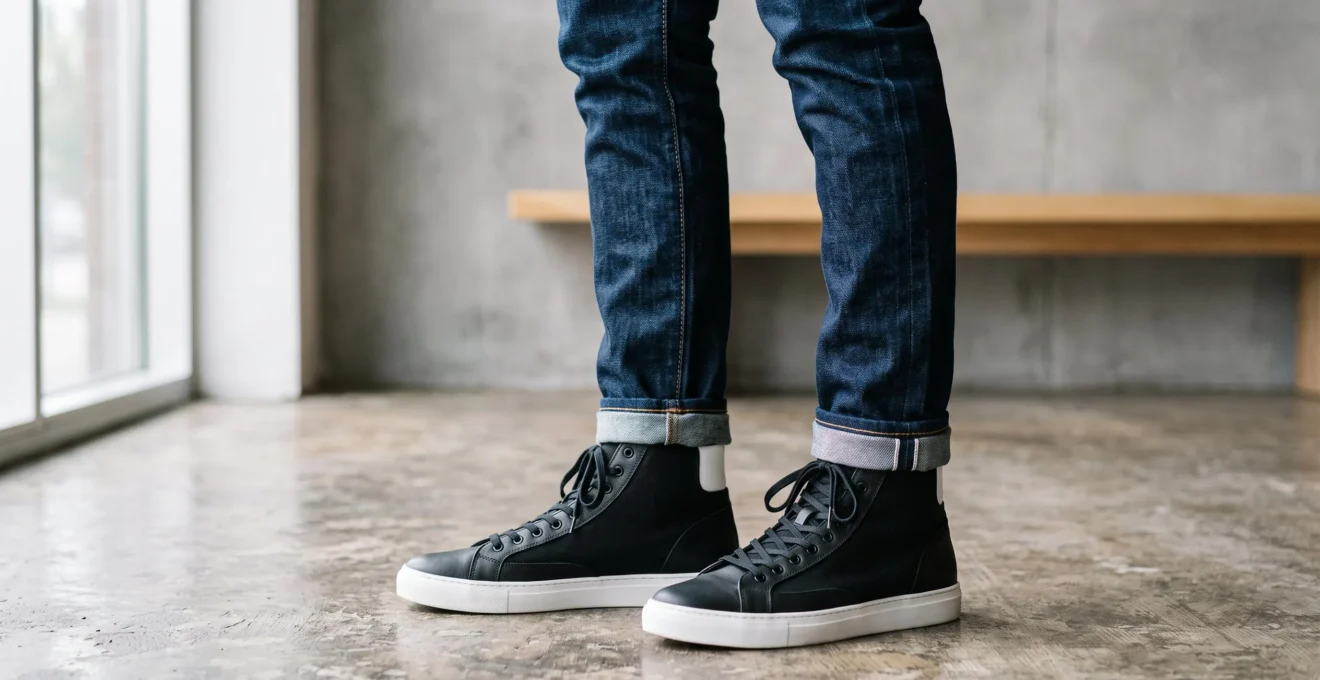 Gros plan sur des jambes portant un jean slim avec des baskets montantes montrant les proportions