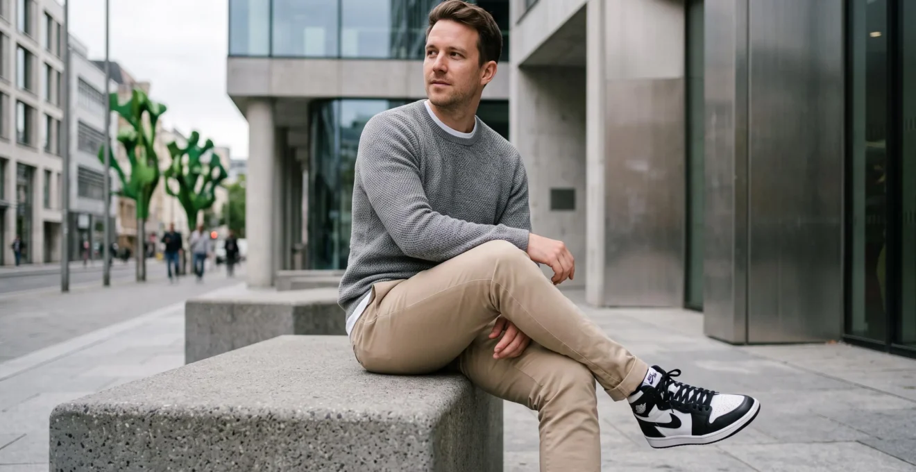 Homme assis en extérieur portant un pantalon chino beige avec des baskets montantes dans un style smart casual